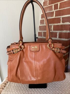 Coach Ashley Gathered Leather Satchel Brown Cognac